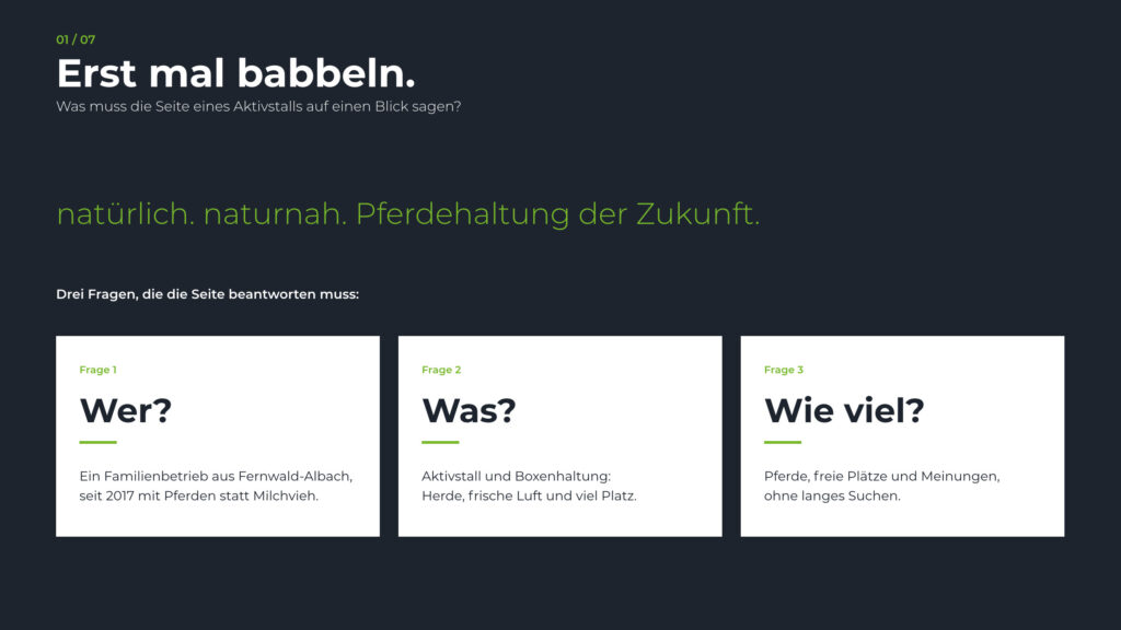 Schritt 1, Erst mal babbeln: der Claim und drei Fragen, die die Seite beantworten muss