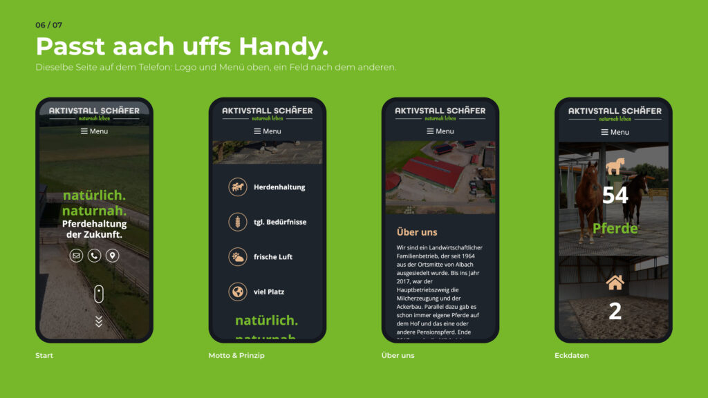 Schritt 6, Passt aach uffs Handy: Start, Motto und Prinzip, Über uns und Eckdaten auf dem Telefon