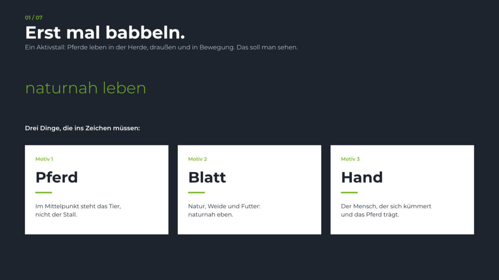 Schritt 1, Erst mal babbeln: naturnah leben und die drei Motive Pferd, Blatt und Hand