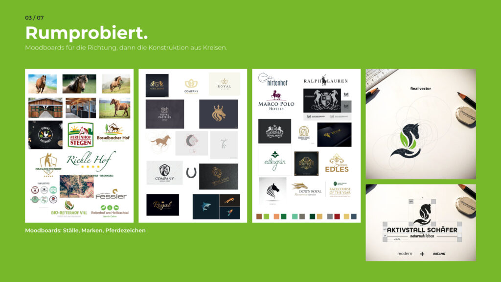 Schritt 3, Rumprobiert: drei Moodboards und die Konstruktion des Zeichens aus Kreisen