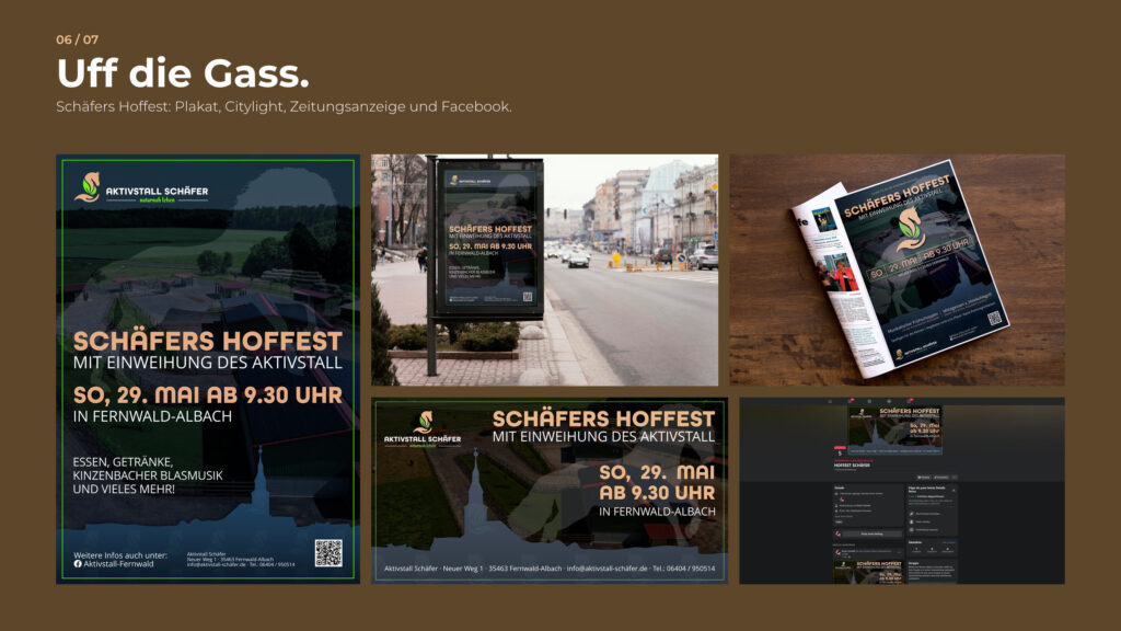 Schritt 6, Uff die Gass: Schäfers Hoffest als Plakat, Citylight, Zeitungsanzeige und auf Facebook