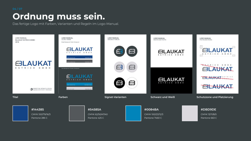 Schritt 4, Ordnung muss sein: Logo-Manual mit Farben in Hex, CMYK und Pantone