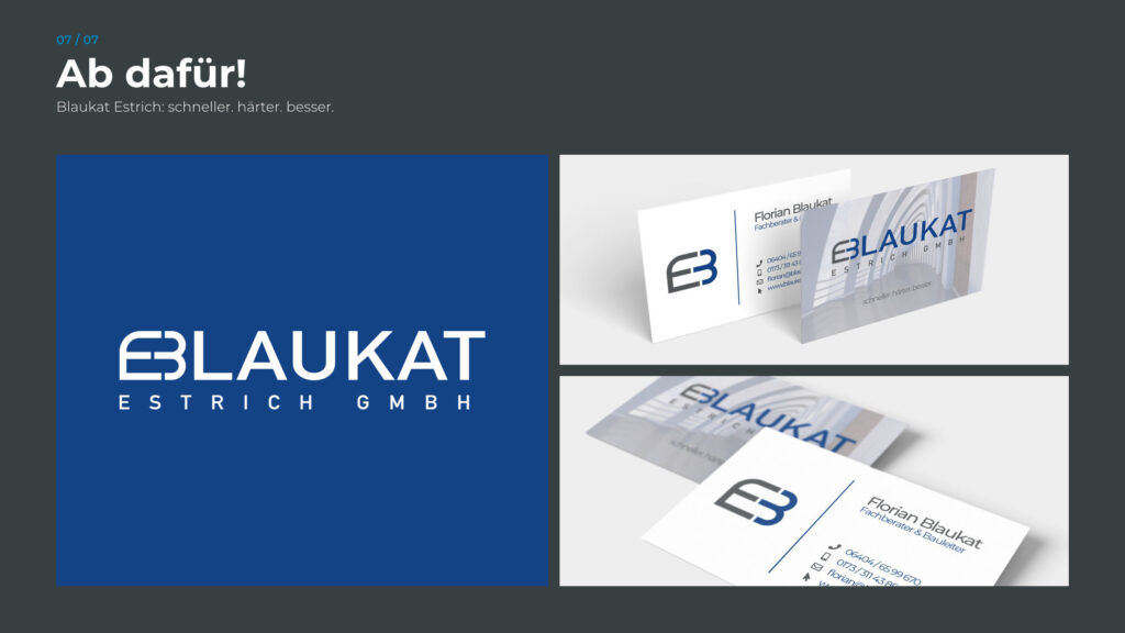 Schritt 7, Ab dafür: das fertige Logo von Blaukat Estrich und die Visitenkarten