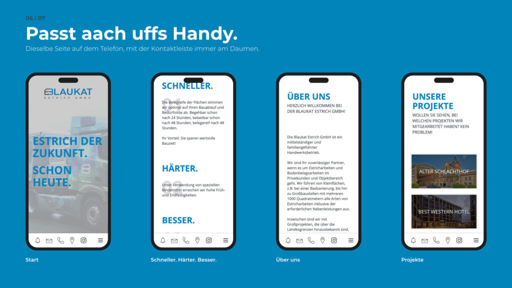 Schritt 6, Passt aach uffs Handy: vier Ansichten der Seite auf dem Telefon