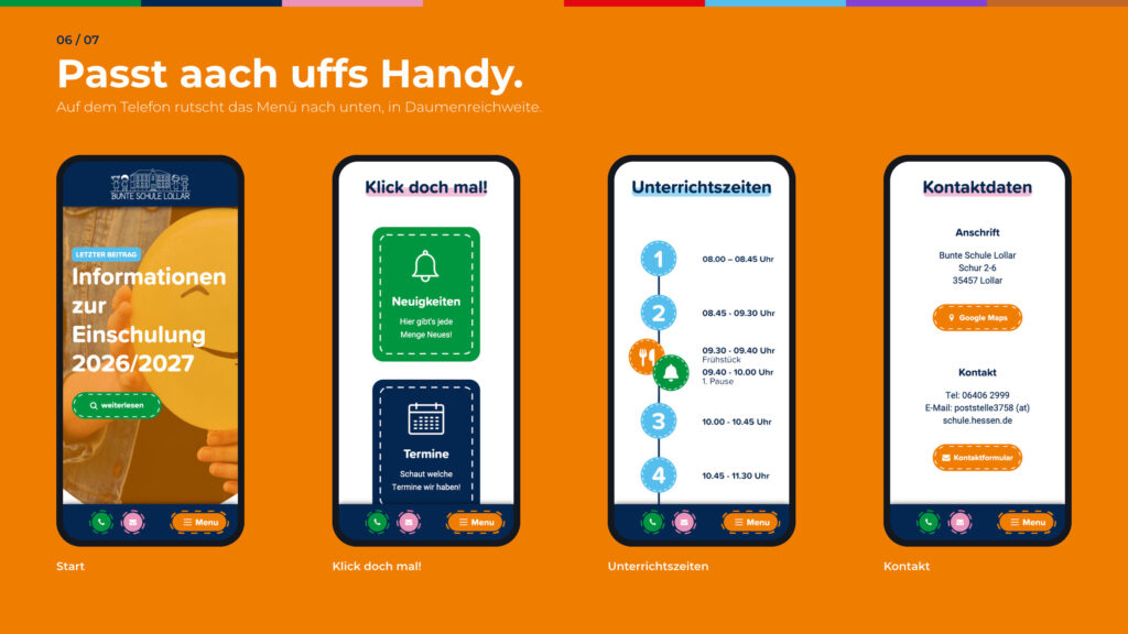 Schritt 6, Passt aach uffs Handy: Start, Karten, Unterrichtszeiten und Kontakt auf dem Telefon