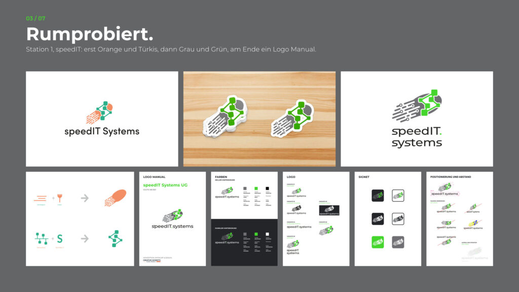 Schritt 3, Rumprobiert: speedIT in Orange und Türkis, in Grau und Grün, fertiges Logo und Logo Manual