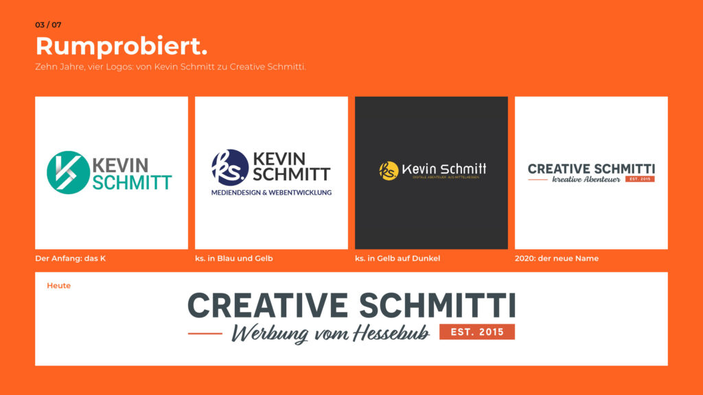 Schritt 3, Rumprobiert: die Logos von Kevin Schmitt bis Creative Schmitti