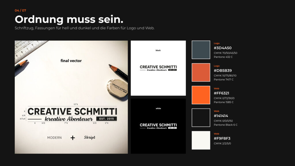 Schritt 4, Ordnung muss sein: Schriftzug, Fassungen und Farben für Logo und Web