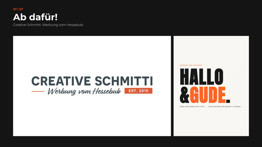 Schritt 7, Ab dafür: das Logo Creative Schmitti, Werbung vom Hessebub