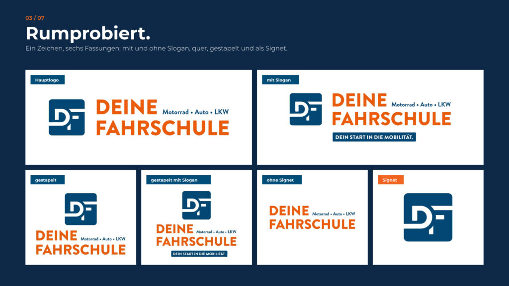 Schritt 3, Rumprobiert: sechs Fassungen des Logos