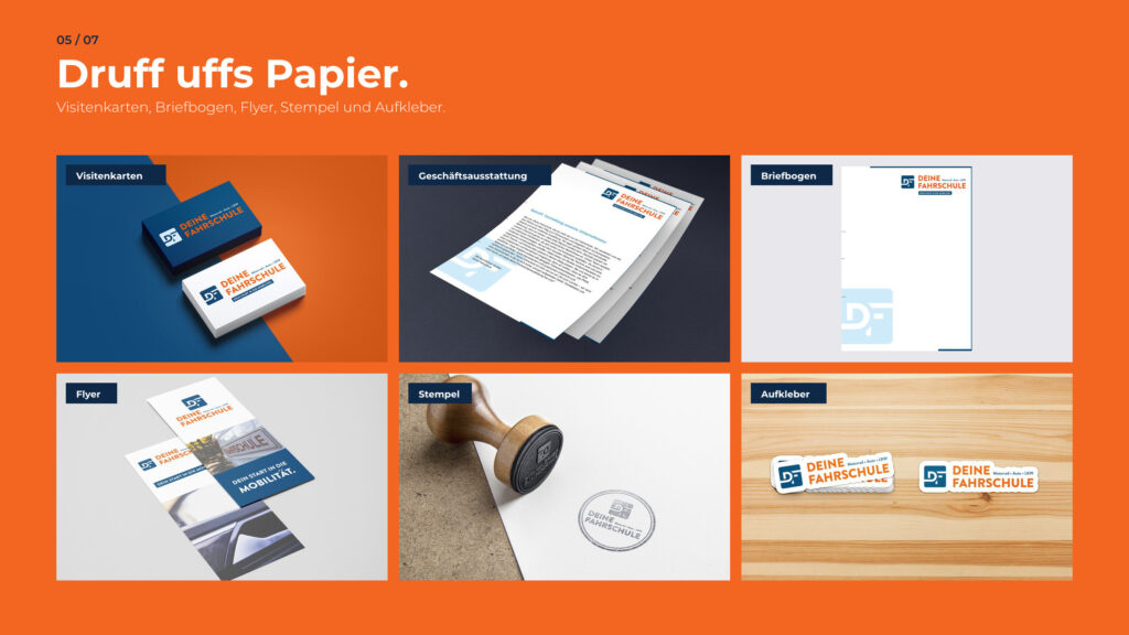 Schritt 5, Druff uffs Papier: Visitenkarten, Briefbogen, Flyer, Stempel und Aufkleber
