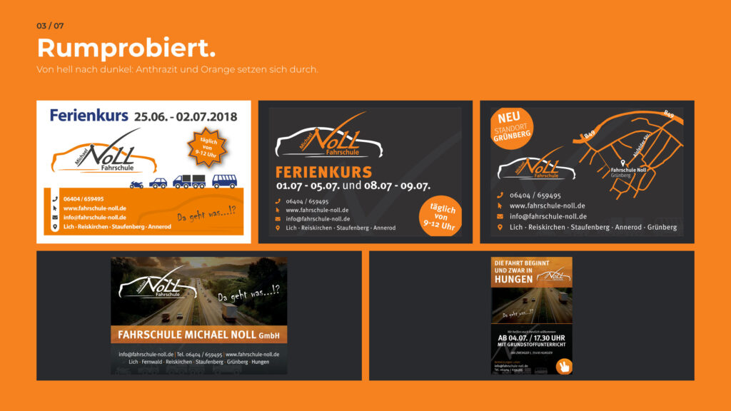 Schritt 3, Rumprobiert: von den hellen Anzeigen zu Anthrazit und Orange