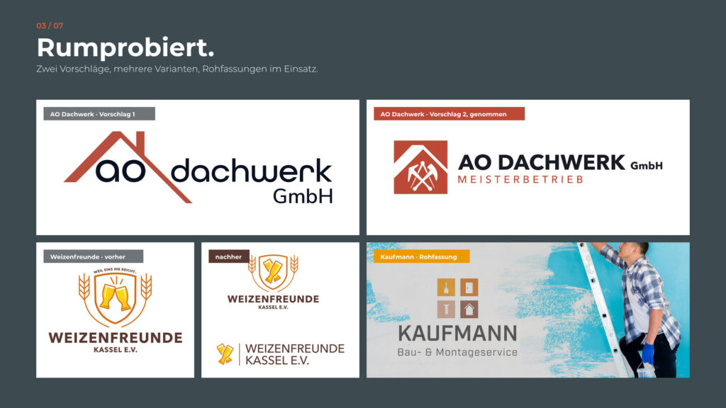 Schritt 3, Rumprobiert: zwei Vorschläge für AO Dachwerk, Varianten der Weizenfreunde, Rohfassung Kaufmann