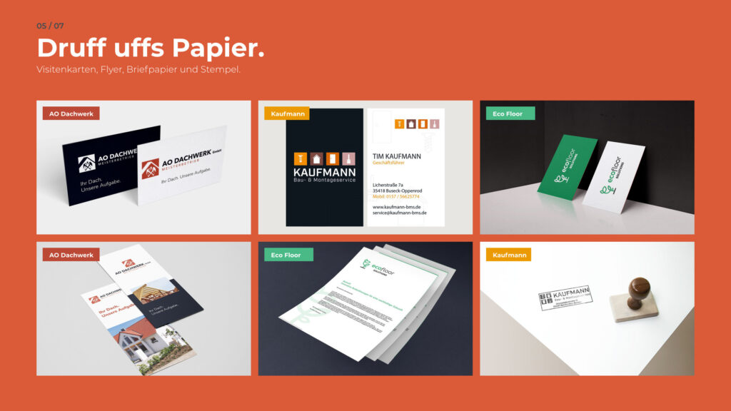 Schritt 5, Druff uffs Papier: Visitenkarten, Flyer, Briefpapier und Stempel