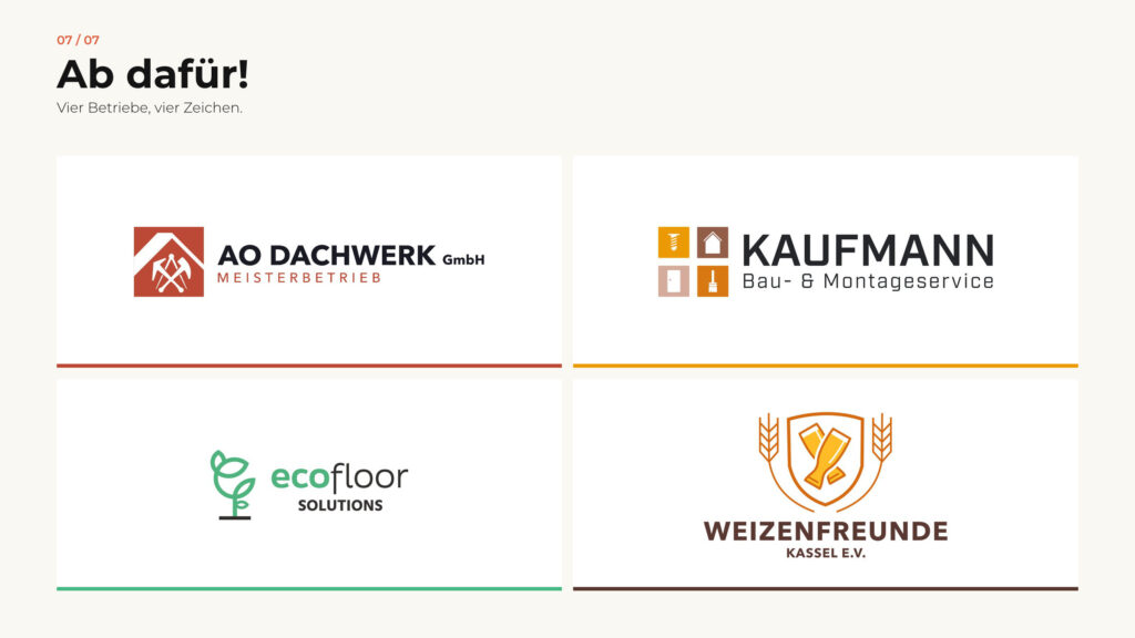 Schritt 7, Ab dafür: die Logos von AO Dachwerk, Kaufmann, Eco Floor und Weizenfreunde Kassel