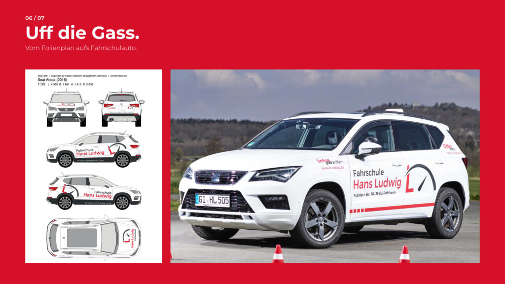Schritt 6, Uff die Gass: Folienplan und Fahrschulauto Seat Ateca