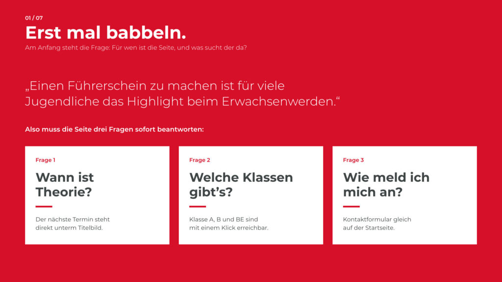 Schritt 1, Erst mal babbeln: die Aufgabe und drei Fragen, die die Seite beantworten muss