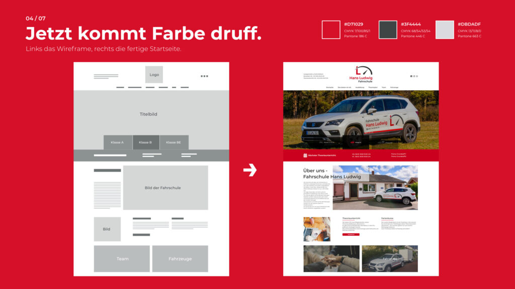 Schritt 4, Jetzt kommt Farbe druff: Wireframe und fertige Startseite im Vergleich