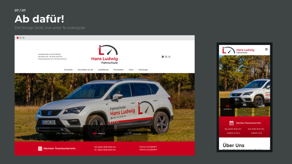 Schritt 7, Ab dafür: die fertige Website der Fahrschule Hans Ludwig