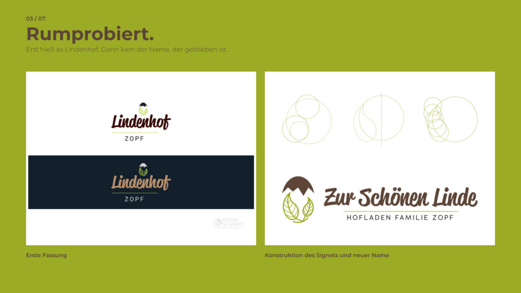 Schritt 3, Rumprobiert: erste Fassung Lindenhof Zopf, Konstruktion des Signets und neuer Name