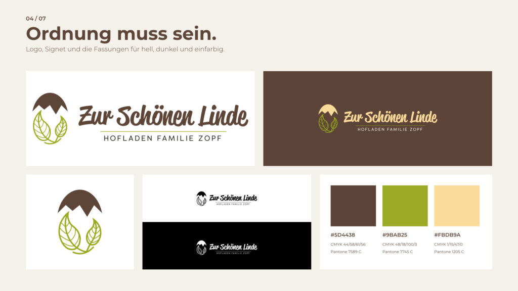 Schritt 4, Ordnung muss sein: Logo, Signet, Fassungen und Farben mit Hex, CMYK und Pantone