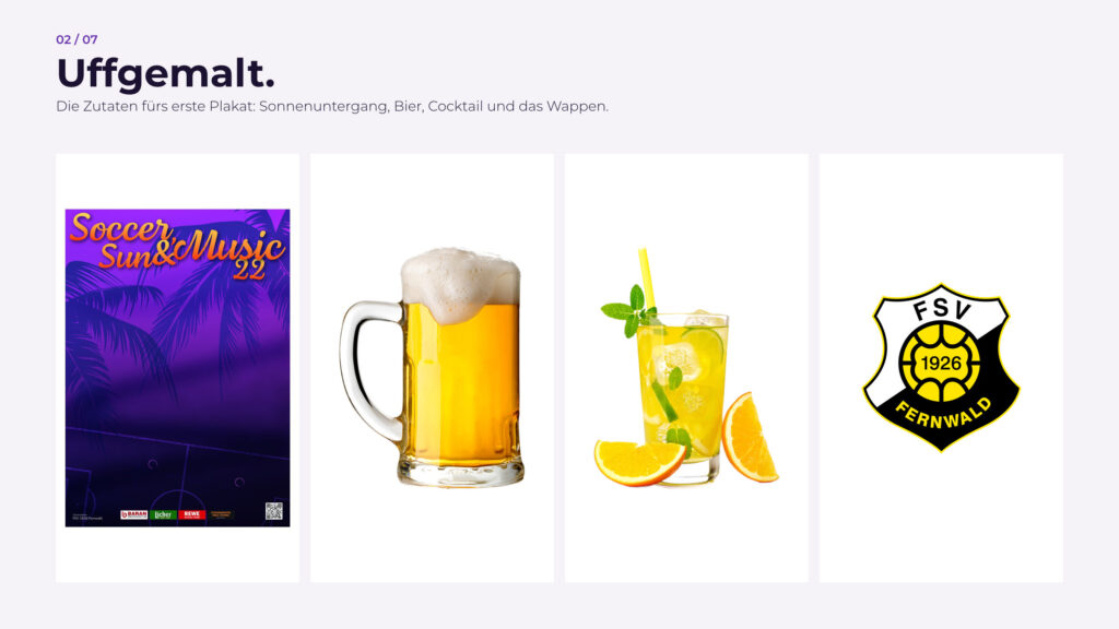 Schritt 2, Uffgemalt: Hintergrund, Bier, Cocktail und Wappen als Zutaten